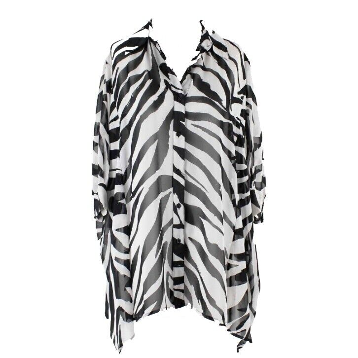 Alfani Sz 4 Black White Zebra Button Up Dolman Sleeve Sheer 100% Polyester Top