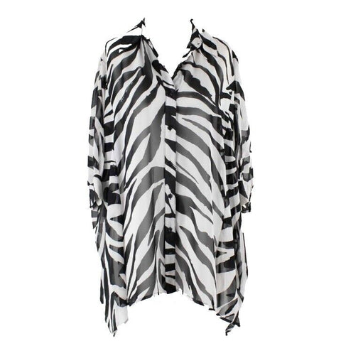 Alfani Sz 4 Black White Zebra Button Up Dolman Sleeve Sheer 100% Polyester Top