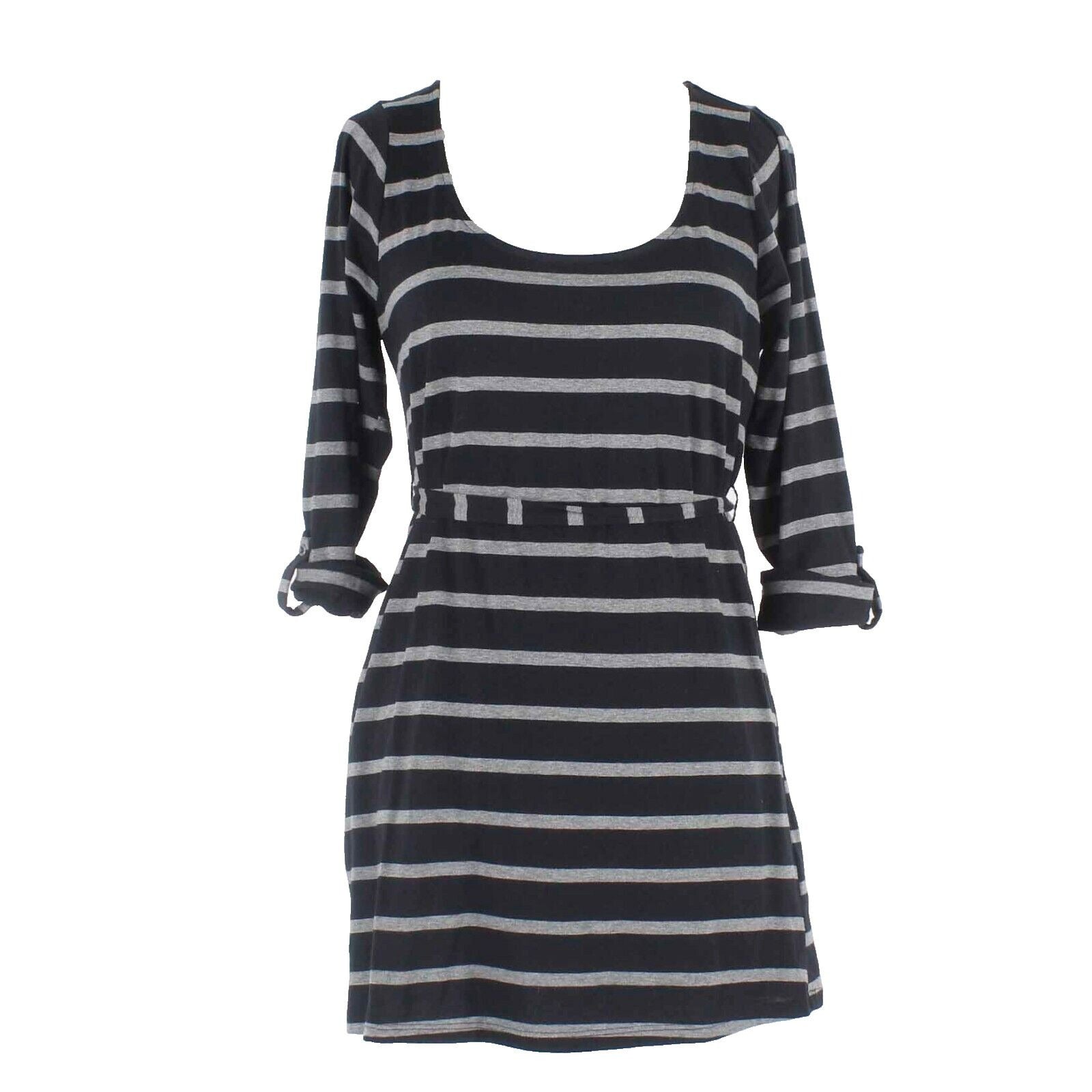 Two Hearts Maternity Sz S Black Gray Stripe Belted Cotton Blend Knit Top