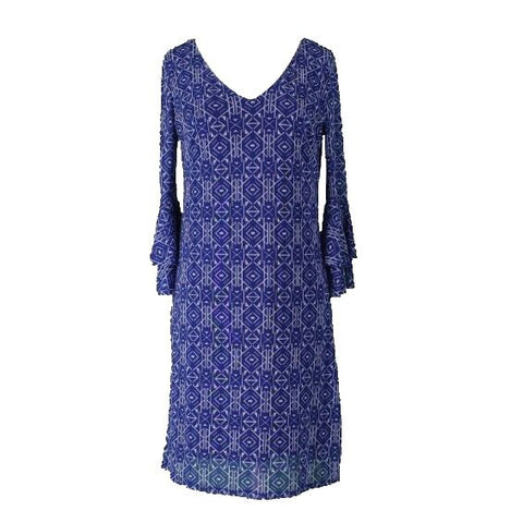 Allison Brittney Sz S Blue White Sheer Lined Ruffle Cuff Poly Blend Knit Dress