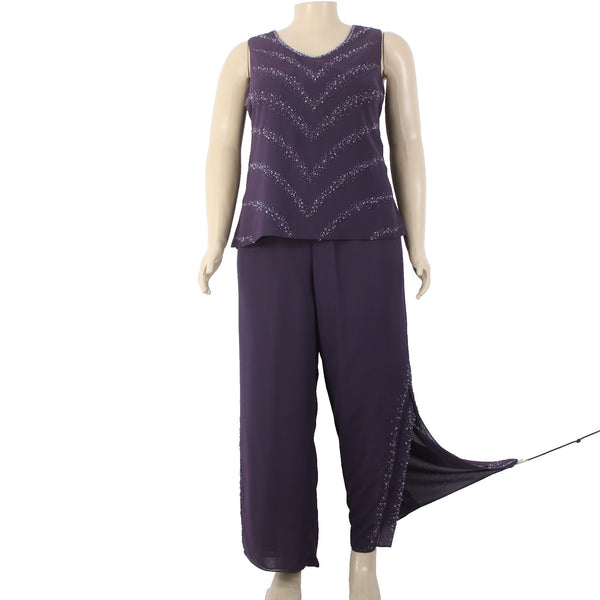 Timeless Collection Pant Suit Sz 16 Purple Beaded Sequin 3 PCS 100% Poly Suit