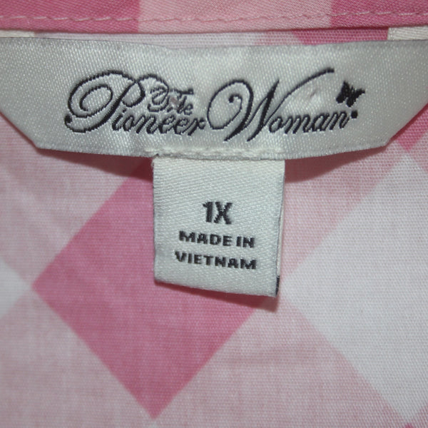 The Pioneer Woman Dress NEW Surplice Sz 1X Pink White Gingham Spring Rose Cotton