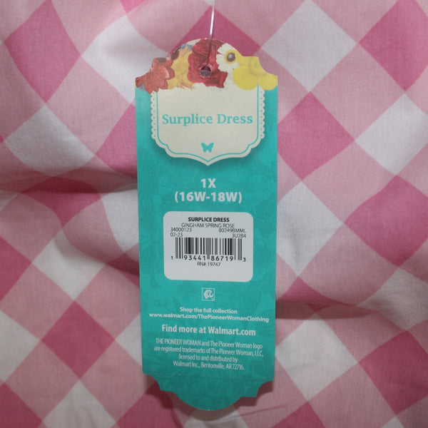 The Pioneer Woman Dress NEW Surplice Sz 1X Pink White Gingham Spring Rose Cotton