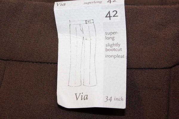 Via NEW Sz 42 x 34" Brown Polyester Viscose Blend Super Long Trouser Pant