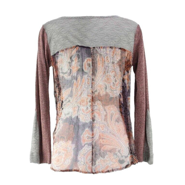 Language Sz XS Burgundy Gray Multi Silk Blend Sheer Crinkled Back Top