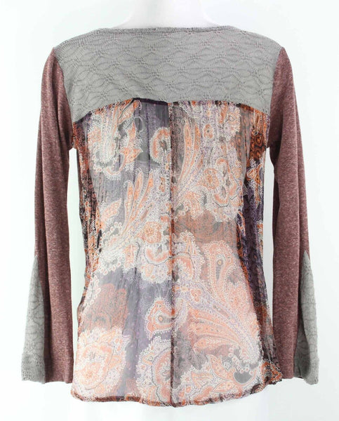 Language Sz XS Burgundy Gray Multi Silk Blend Sheer Crinkled Back Top