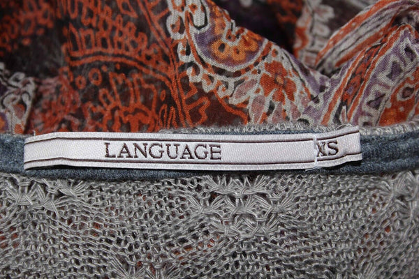 Language Sz XS Burgundy Gray Multi Silk Blend Sheer Crinkled Back Top