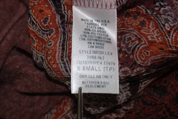 Language Sz XS Burgundy Gray Multi Silk Blend Sheer Crinkled Back Top