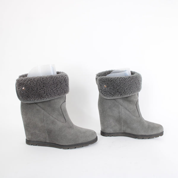 Ugg Kyra Sz 9 Gray Closed Toe Granite Suede Ankle 4" Wedge Boots