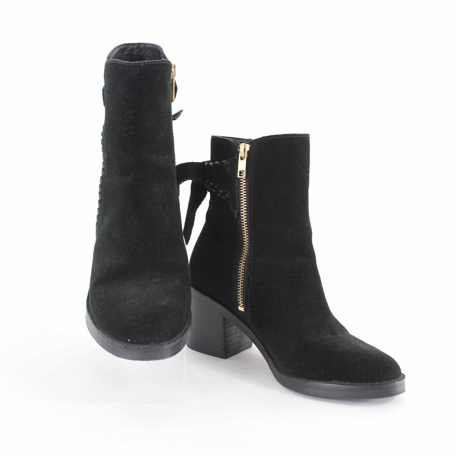 Ugg Sz 6 Black Suede Fraise Whipstitch Side Zip 2.5" Bootie Boots