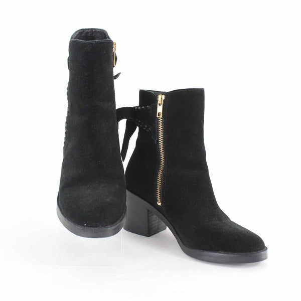 Ugg Sz 6 Black Suede Fraise Whipstitch Side Zip 2.5" Bootie Boots