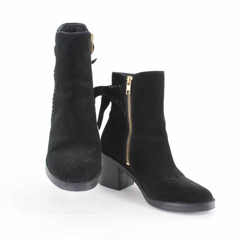 Ugg Sz 6 Black Suede Fraise Whipstitch Side Zip 2.5" Bootie Boots