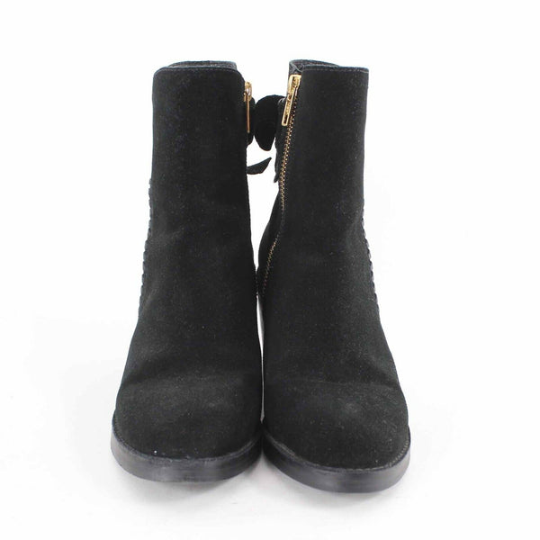 Ugg Sz 6 Black Suede Fraise Whipstitch Side Zip 2.5" Bootie Boots