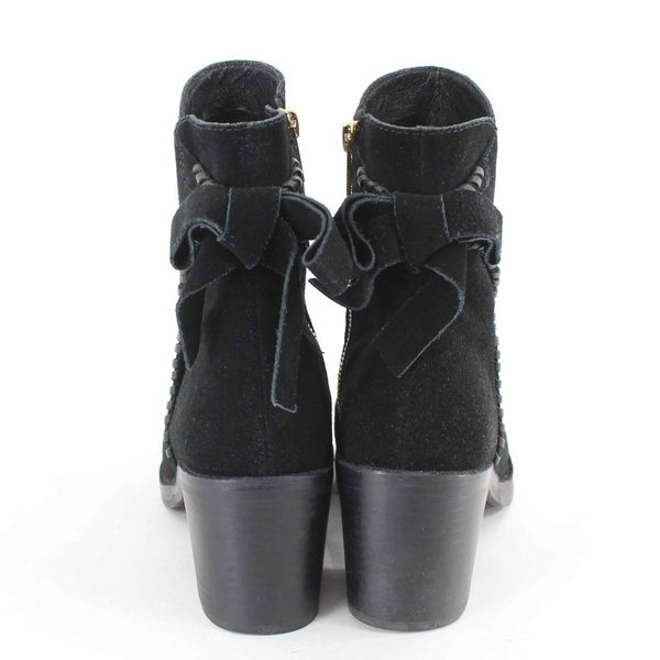 Ugg Sz 6 Black Suede Fraise Whipstitch Side Zip 2.5" Bootie Boots