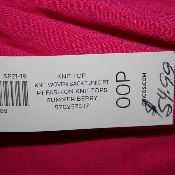 Chicos NEW $55 Summer Berry Sz 00P Pink Knit Woven Tunic Rayon Spandex Top