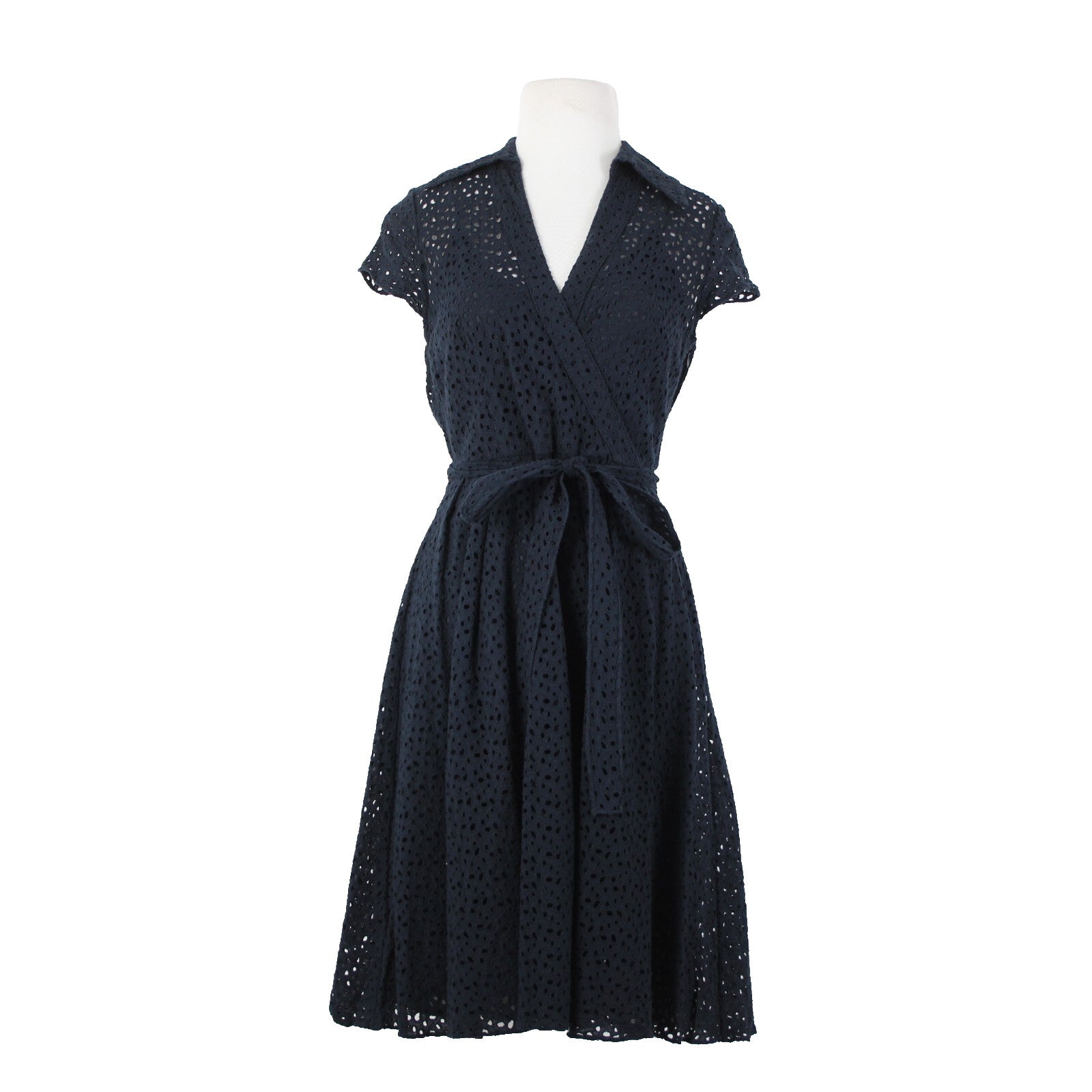 Chetta B Sz 6 Navy Blue Lined Belted Eyelet V Neck Collared 100% Cotton Dress