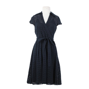 Chetta B Sz 6 Navy Blue Lined Belted Eyelet V Neck Collared 100% Cotton Dress