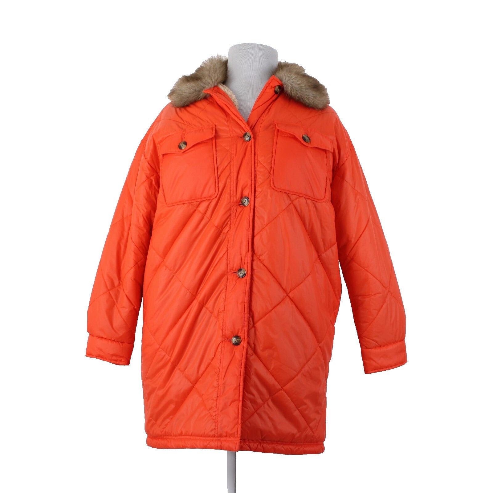 Aerie Sz M Orange Faux Fur Puffer Pockets Buttons Acrylic Nylon Poly Jacket