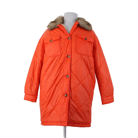 Aerie Sz M Orange Faux Fur Puffer Pockets Buttons Acrylic Nylon Poly Jacket