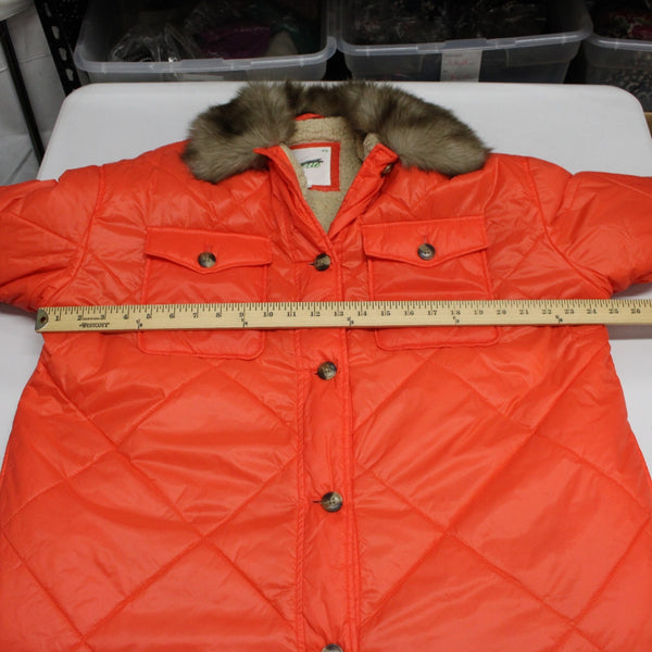 Aerie Sz M Orange Faux Fur Puffer Pockets Buttons Acrylic Nylon Poly Jacket