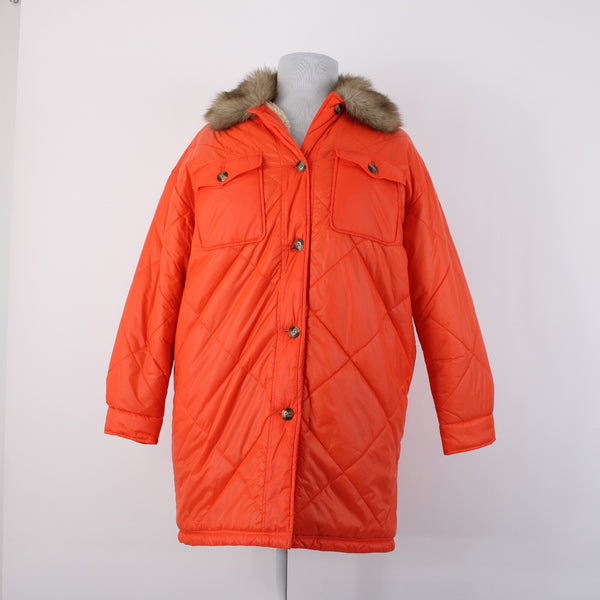 Aerie Sz M Orange Faux Fur Puffer Pockets Buttons Acrylic Nylon Poly Jacket