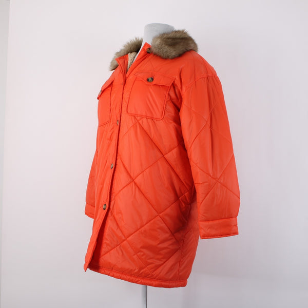 Aerie Sz M Orange Faux Fur Puffer Pockets Buttons Acrylic Nylon Poly Jacket