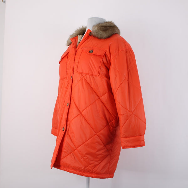 Aerie Sz M Orange Faux Fur Puffer Pockets Buttons Acrylic Nylon Poly Jacket