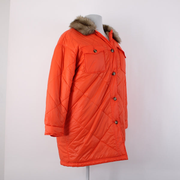Aerie Sz M Orange Faux Fur Puffer Pockets Buttons Acrylic Nylon Poly Jacket