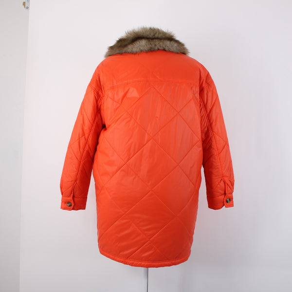 Aerie Sz M Orange Faux Fur Puffer Pockets Buttons Acrylic Nylon Poly Jacket
