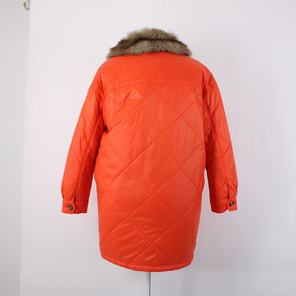 Aerie Sz M Orange Faux Fur Puffer Pockets Buttons Acrylic Nylon Poly Jacket