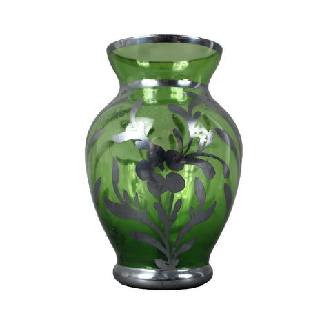 Vintage 4.5" Green Silver Overlay Art Glass Vase Crack In Base