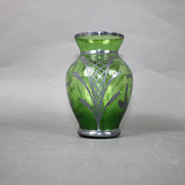 Vintage 4.5" Green Silver Overlay Art Glass Vase Crack In Base