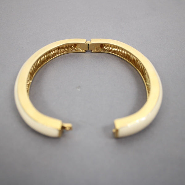 St John Couture Goldtone Hardware Cream Beige Enamel Push Lock Bangle Bracelet