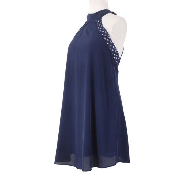 Lulus Dress Sz S Navy Blue Halter Lined Eyelets Embroidered 100% Polyester Dress