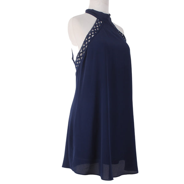 Lulus Dress Sz S Navy Blue Halter Lined Eyelets Embroidered 100% Polyester Dress