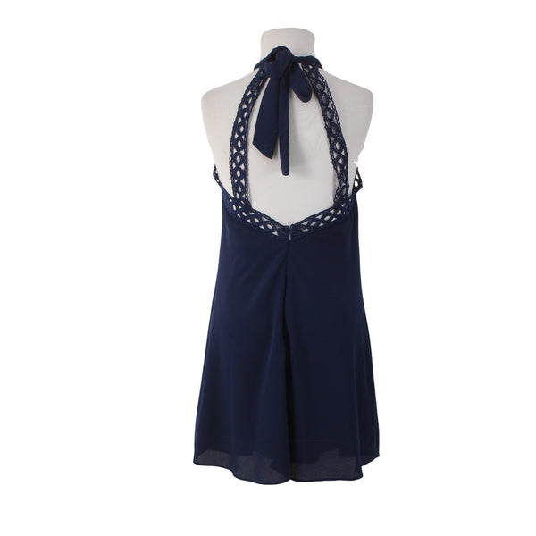 Lulus Dress Sz S Navy Blue Halter Lined Eyelets Embroidered 100% Polyester Dress
