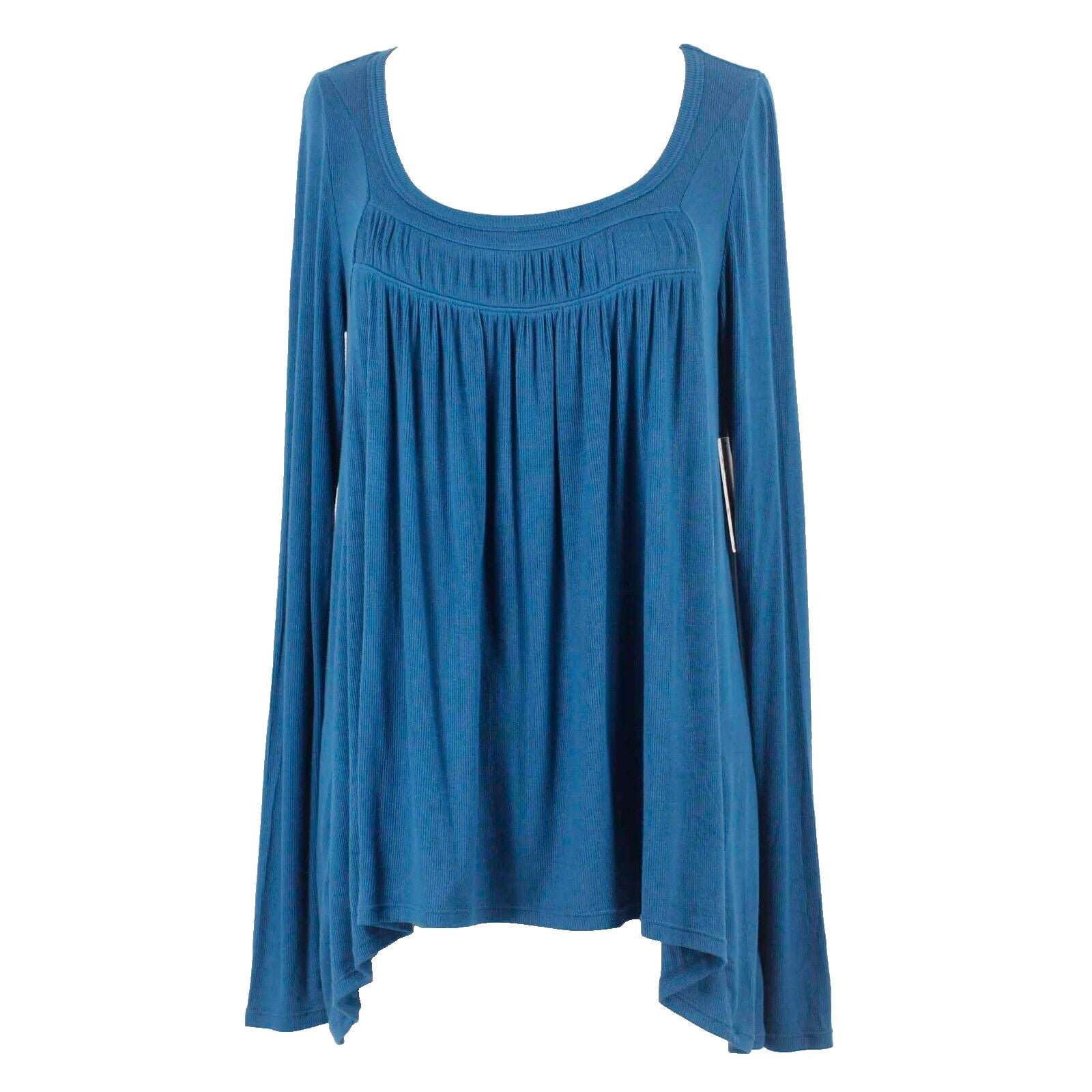 We The Free NEW $48 Sz S Teal Hi Lo Smocked Tiny Rib Knit Rayon Blend Top
