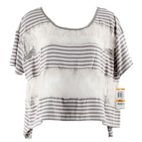 INC NWT $60 Sz S Taupe Beige Stripe Lace Insert Hi Lo Crop Rayon Blend Top