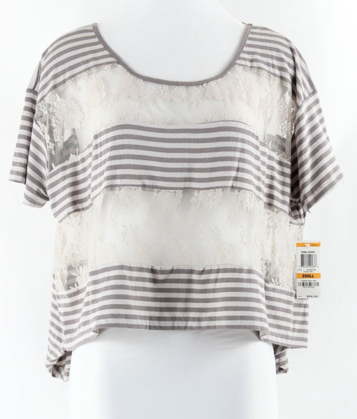 INC NWT $60 Sz S Taupe Beige Stripe Lace Insert Hi Lo Crop Rayon Blend Top