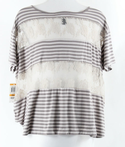 INC NWT $60 Sz S Taupe Beige Stripe Lace Insert Hi Lo Crop Rayon Blend Top