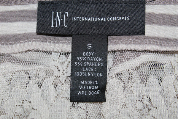 INC NWT $60 Sz S Taupe Beige Stripe Lace Insert Hi Lo Crop Rayon Blend Top