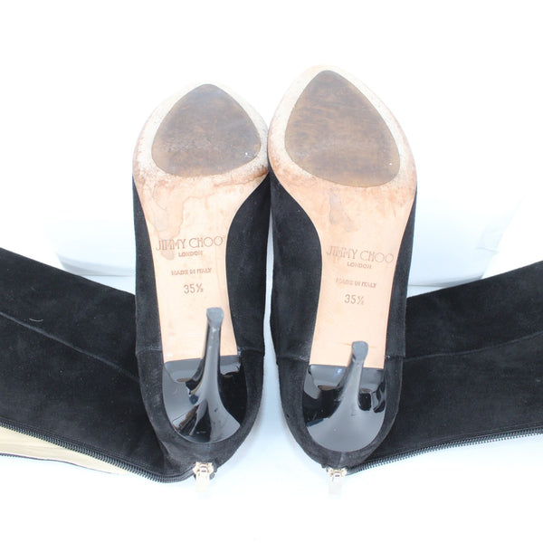 Jimmy Choo Sz 35.5 Black Suede 14" Leather Sole 3" Heel Back Zip w Dust Bag Boot