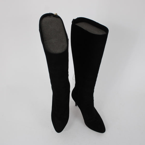 Jimmy Choo Sz 35.5 Black Suede 14" Leather Sole 3" Heel Back Zip w Dust Bag Boot