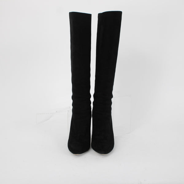 Jimmy Choo Sz 35.5 Black Suede 14" Leather Sole 3" Heel Back Zip w Dust Bag Boot