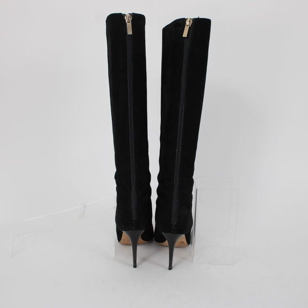 Jimmy Choo Sz 35.5 Black Suede 14" Leather Sole 3" Heel Back Zip w Dust Bag Boot