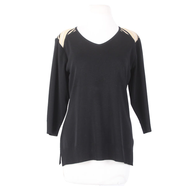 Misook Top Sz M Black White Tan V Neck 3/4 Sleeve 100% Acrylic Top