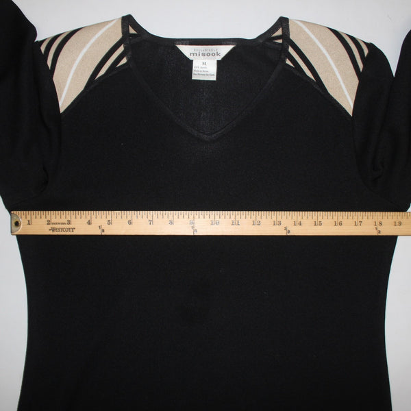 Misook Top Sz M Black White Tan V Neck 3/4 Sleeve 100% Acrylic Top