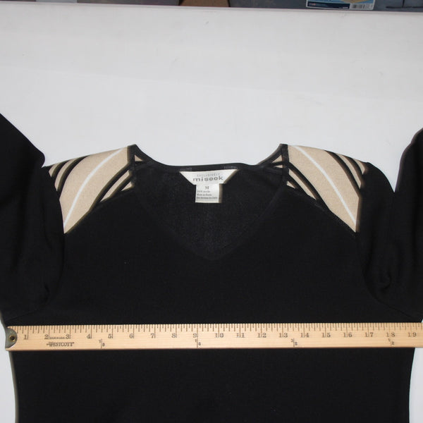 Misook Top Sz M Black White Tan V Neck 3/4 Sleeve 100% Acrylic Top