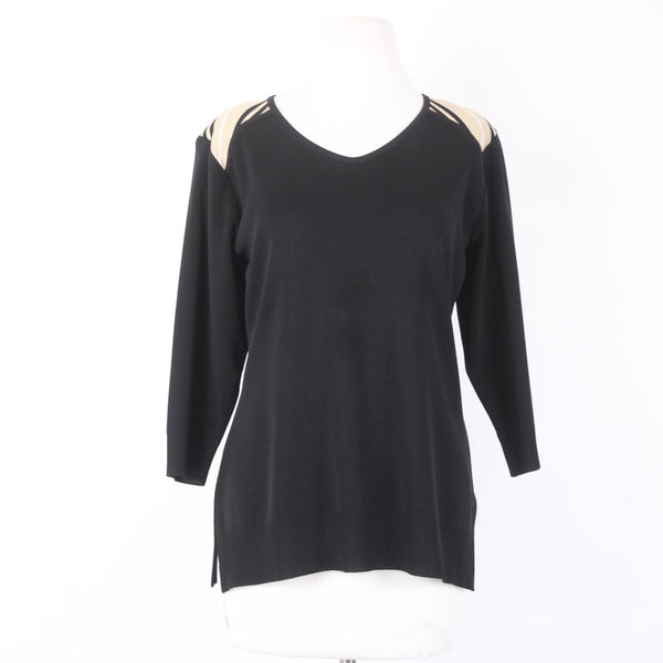 Misook Top Sz M Black White Tan V Neck 3/4 Sleeve 100% Acrylic Top