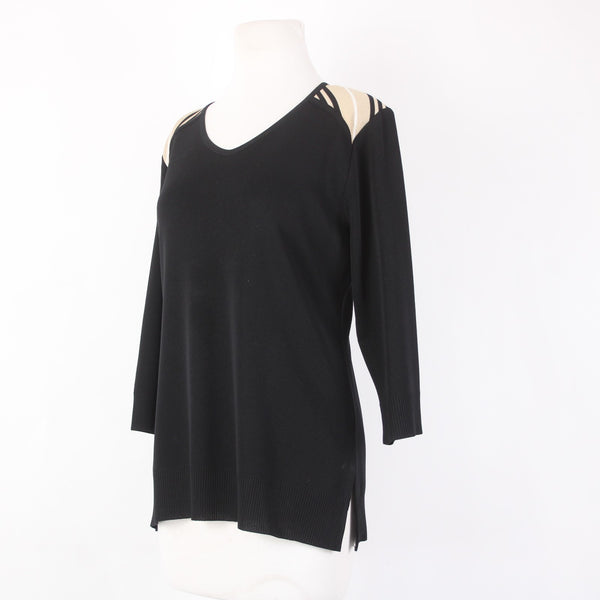 Misook Top Sz M Black White Tan V Neck 3/4 Sleeve 100% Acrylic Top